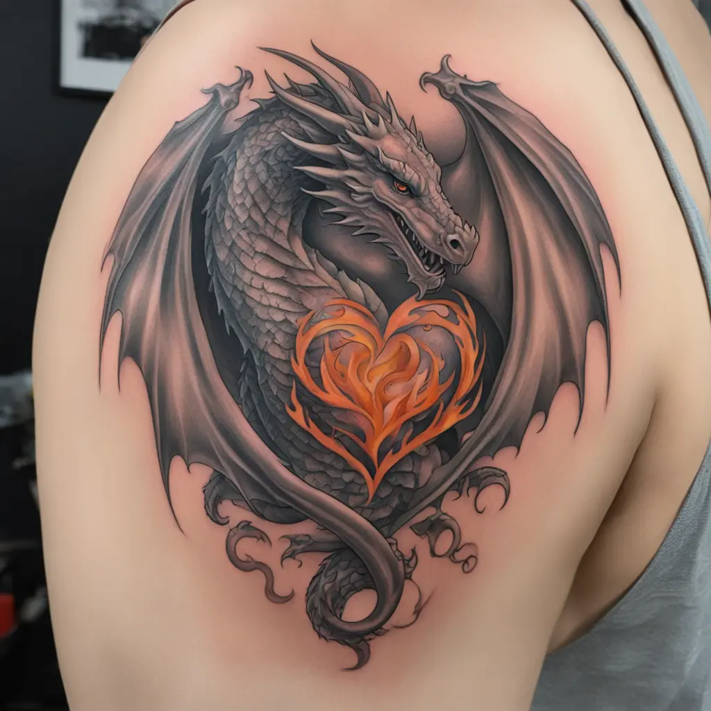 dragon, heart & fire on upper arm