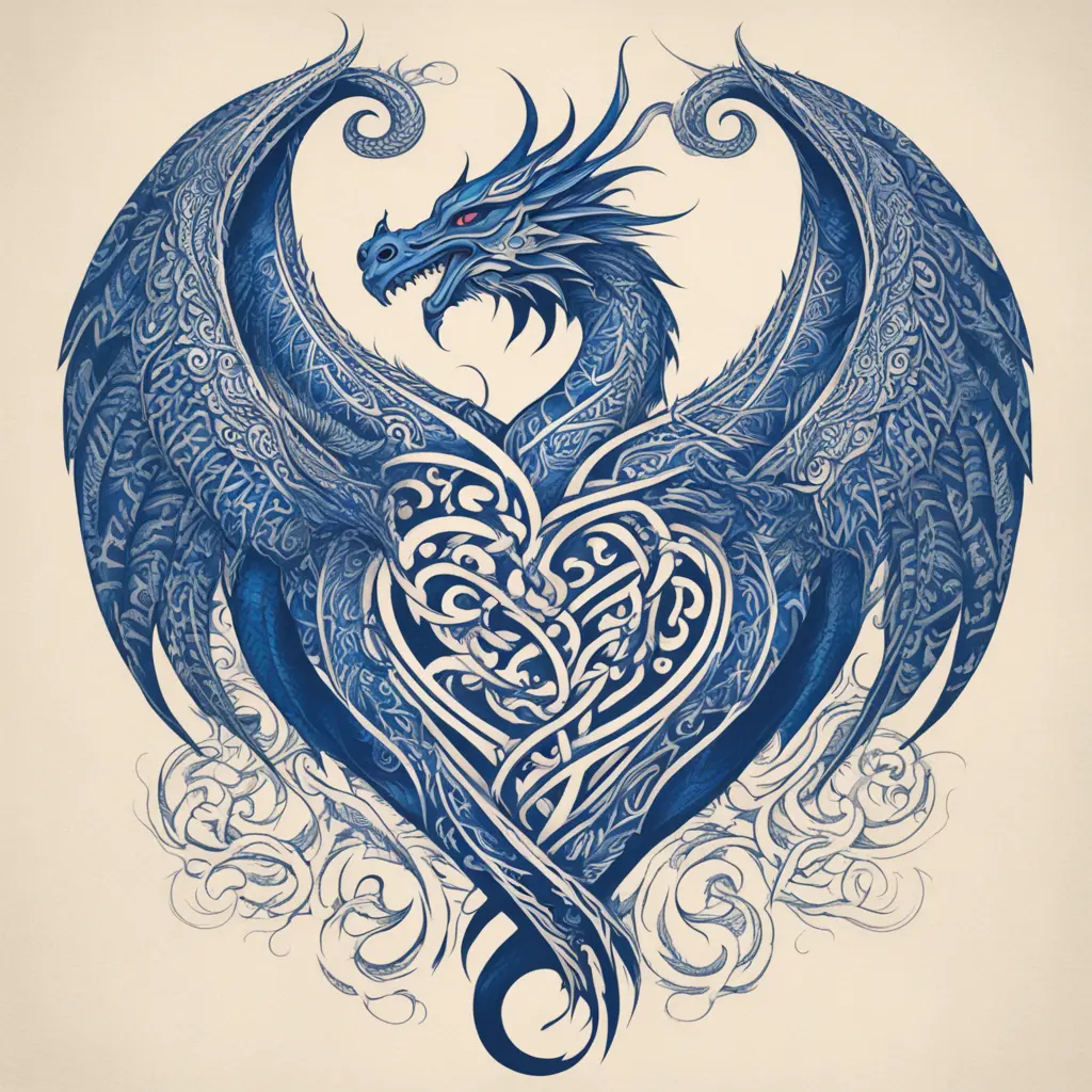Dragon intertwined and protecting a phoenix while making a heart with the wings.