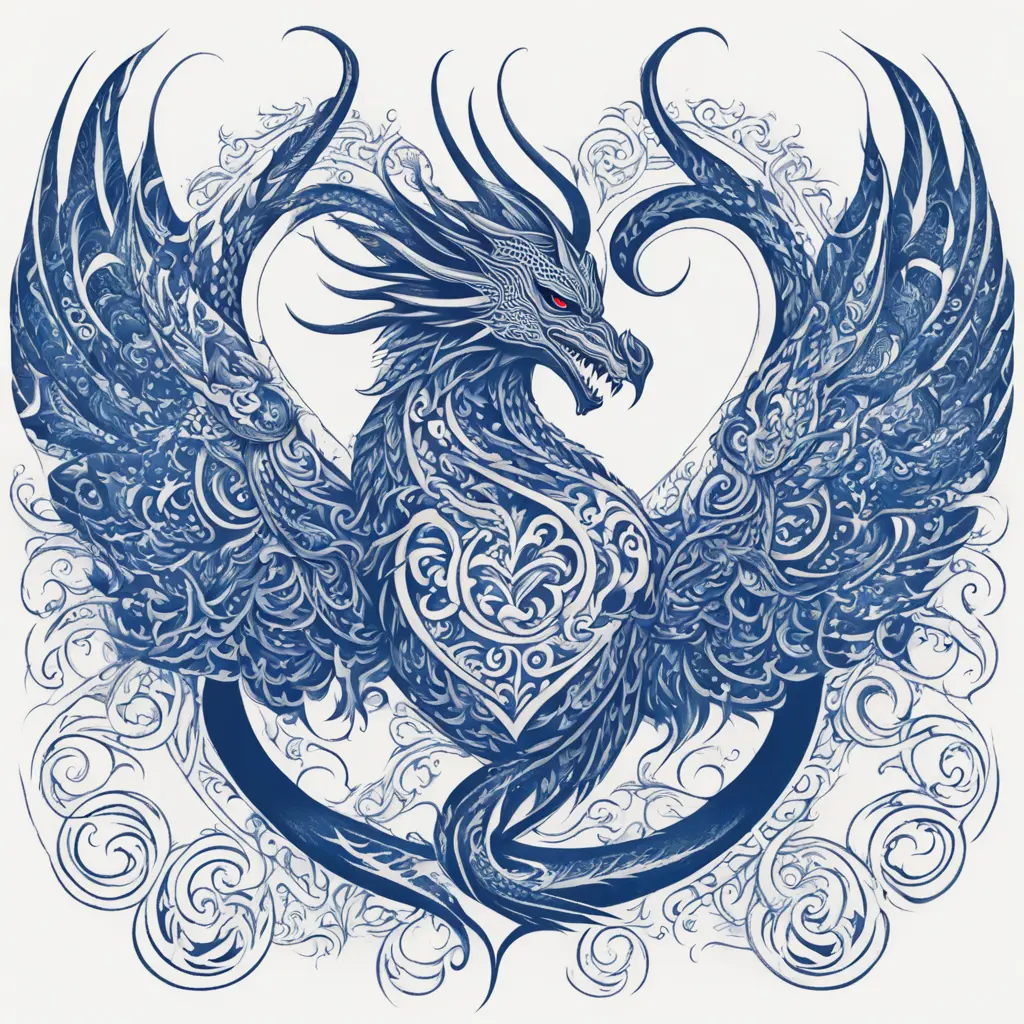 Dragon intertwined and protecting a phoenix while making a heart with the wings.