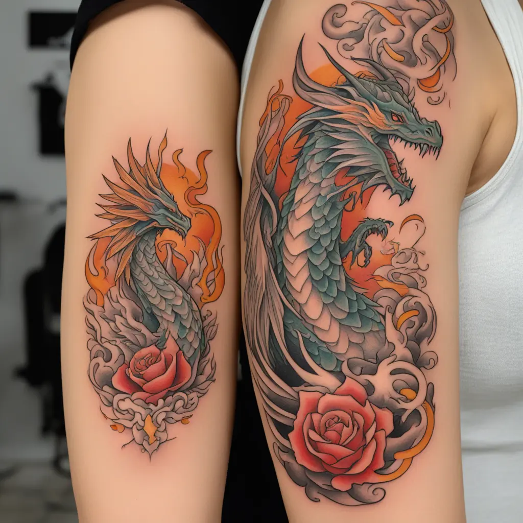 Dragon lovingly protecting a rising phoenix