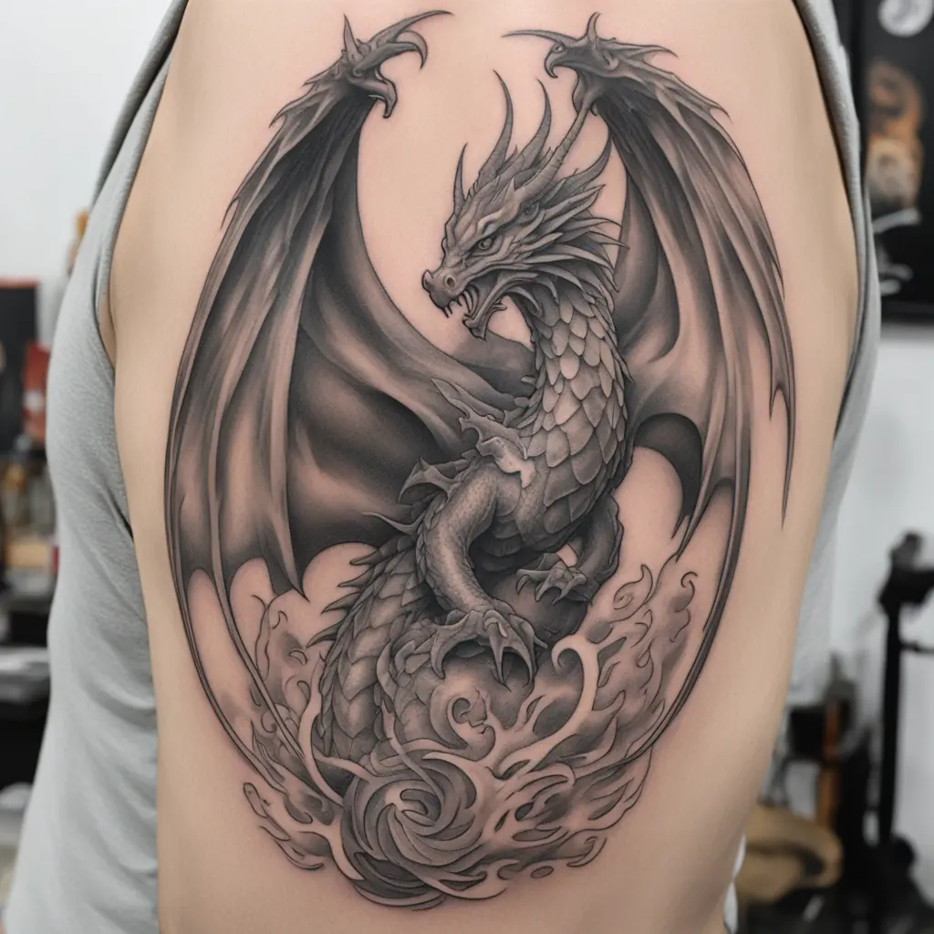 Dragon protecting a rising phoenix