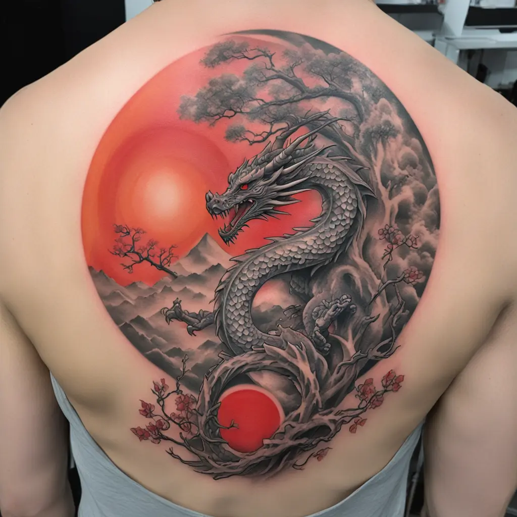 dragon with red sun and bonsai that can fit on my forearm