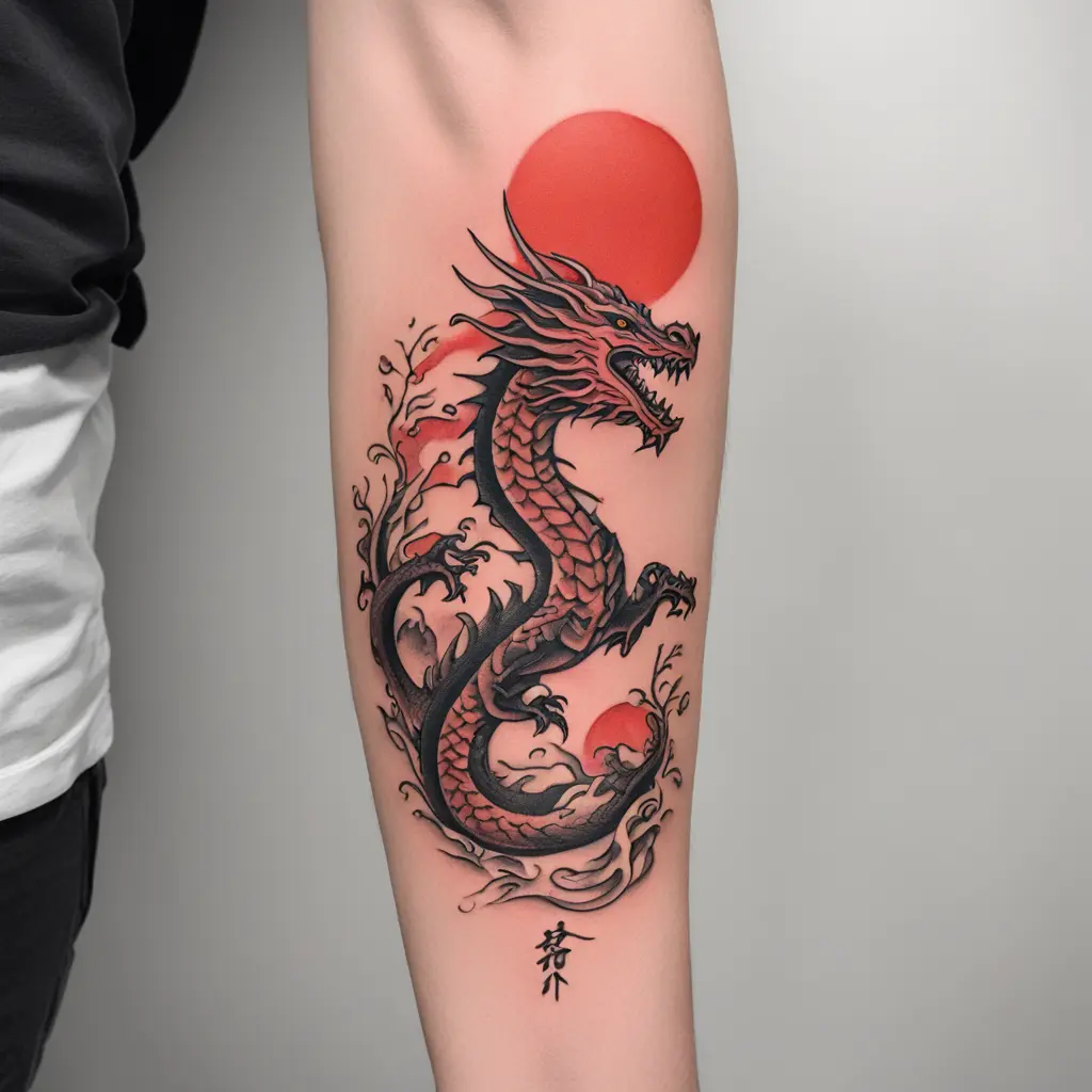 dragon with red sun, toyota supra and bonsai that can fit on my forearm