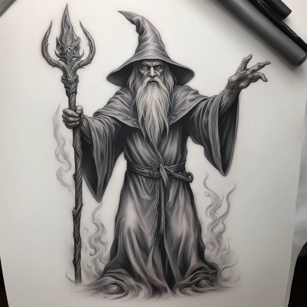 Evil wizard standing up, holding a staff, pointing his staff into the air, scary