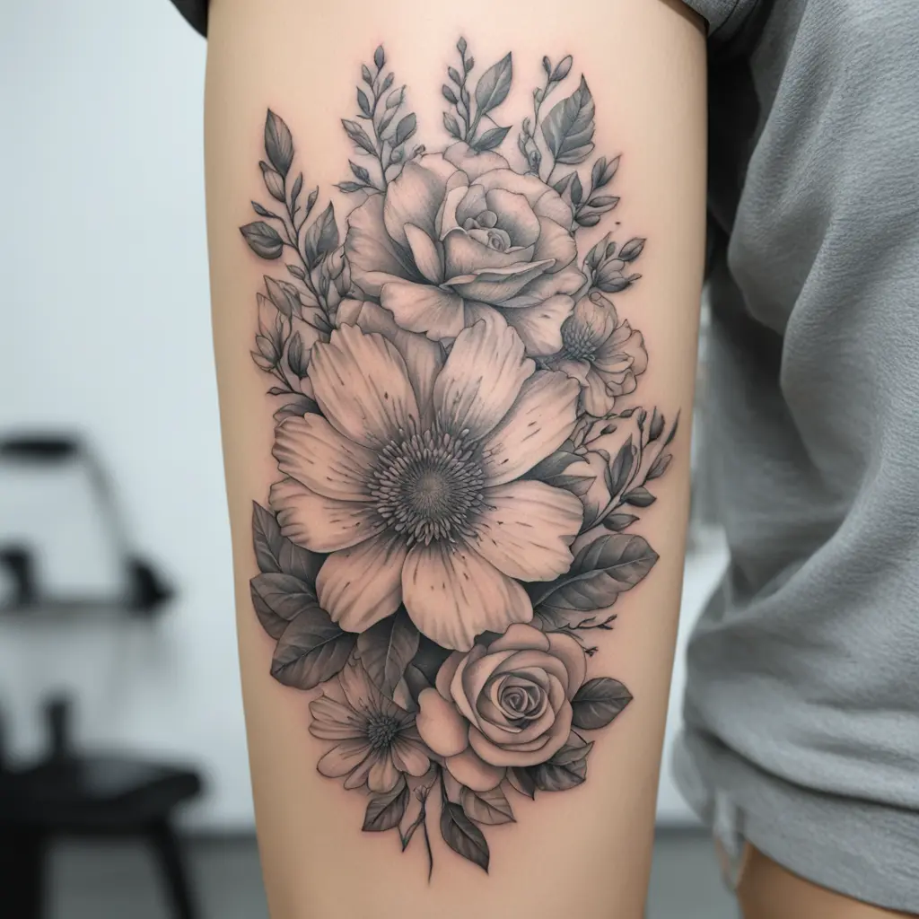 female tattoo flowers and a modern colorful tattoo