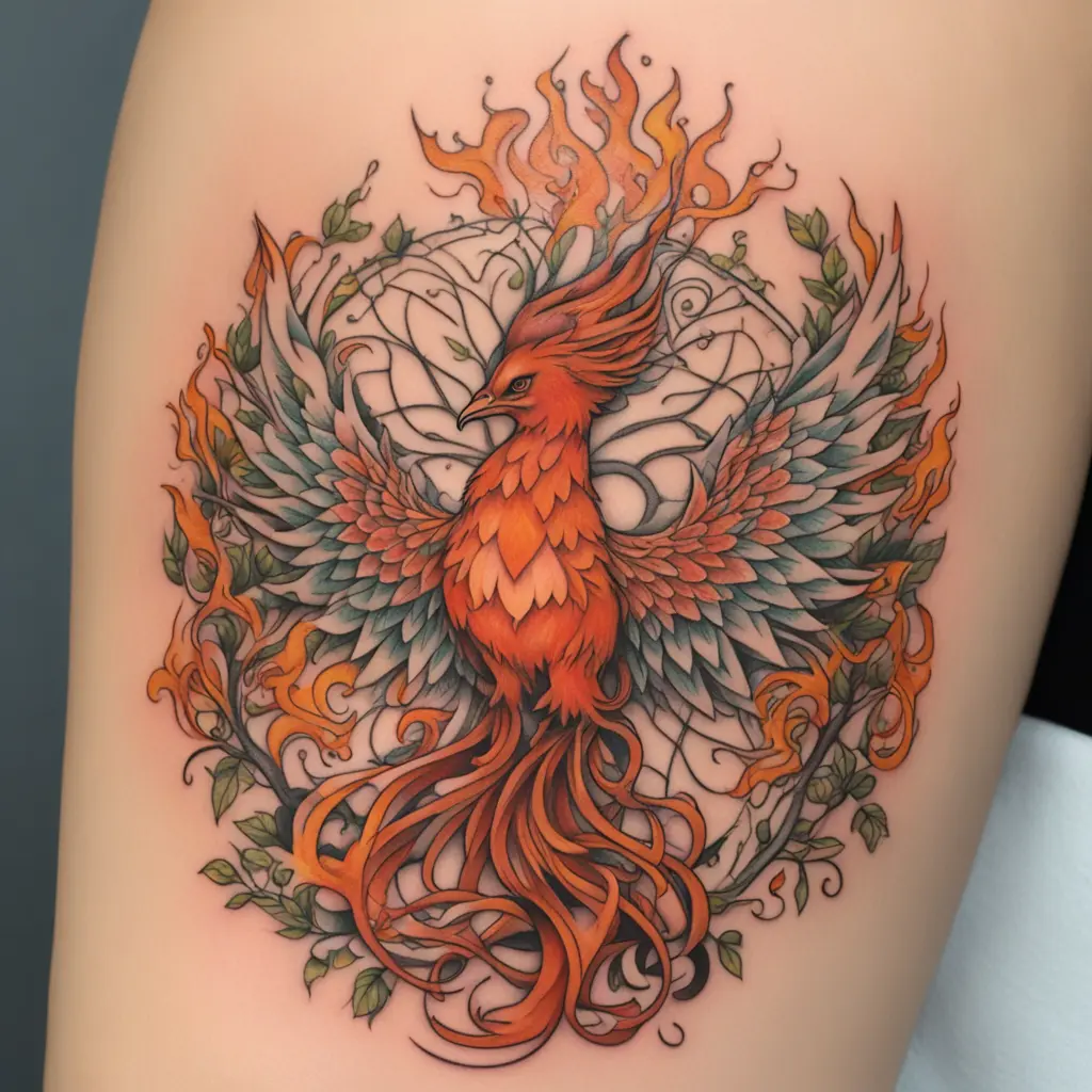 Fiery feminine phoenix on top of the tree of life for a tattoo on a forearm