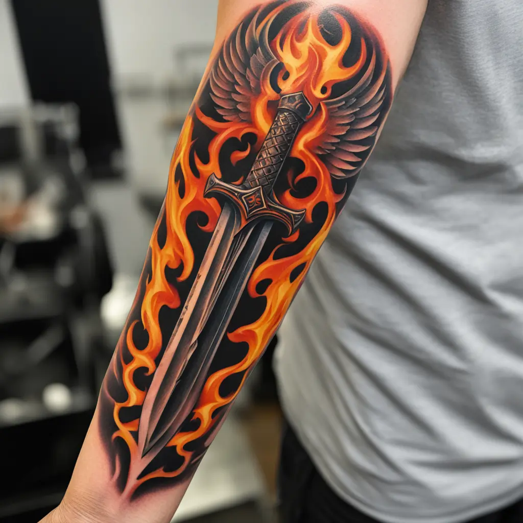 forearm tattoo design, angelic gladius,  blade on fire, 