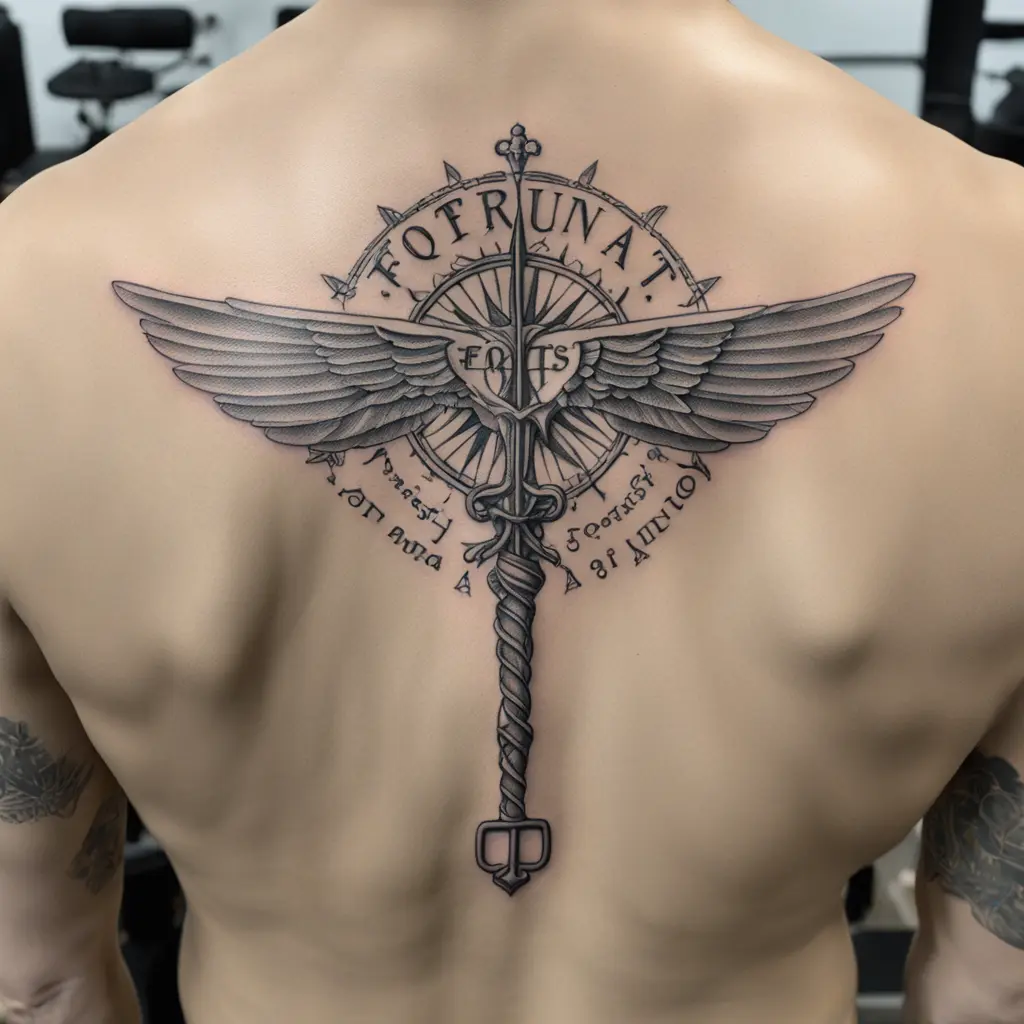 Fortis fortuna adiuvat quote type tattoo on the middle of the back from top down