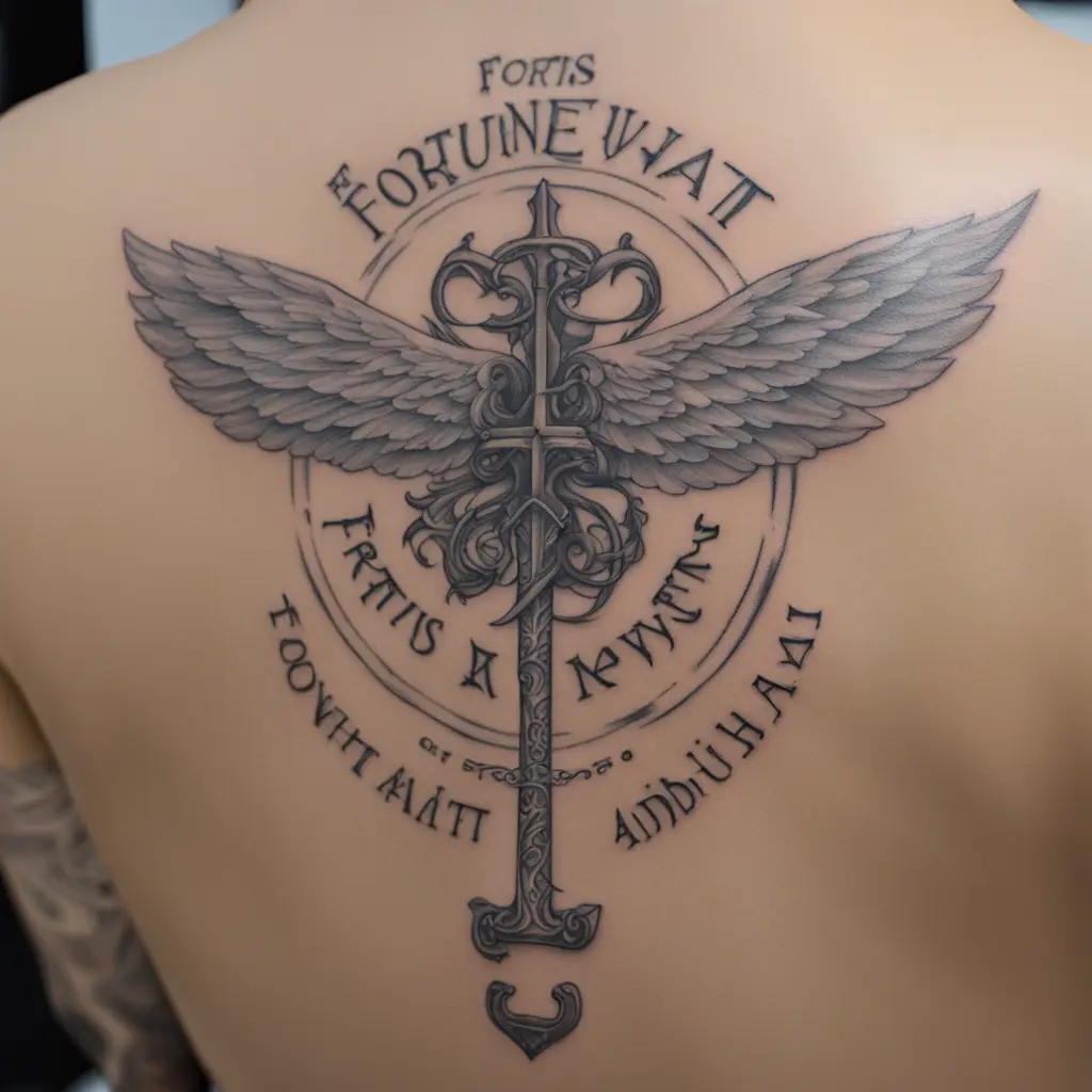 Fortis fortuna adiuvat quote type tattoo on the middle of the back from top down 