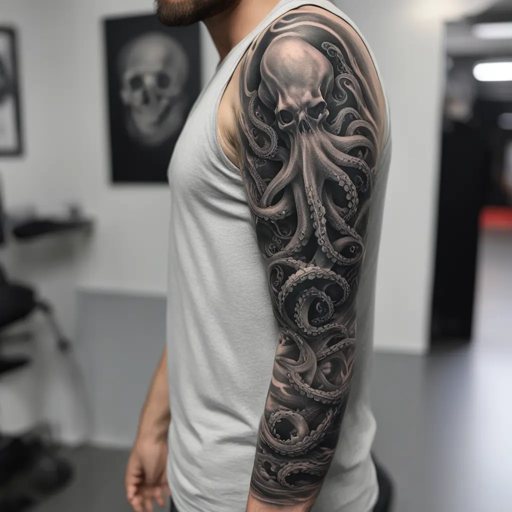 full arm sleeve tattoo, black and white, river of stix with a octopus swimming in floating skulls wrapping tentacles on the skulls