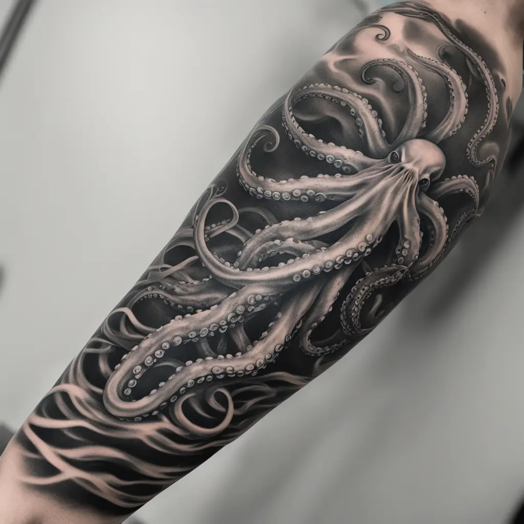 full arm sleeve tattoo, black and white, river of stix with a octopus swimming with tentacles going in and out of floating skulls in the river 