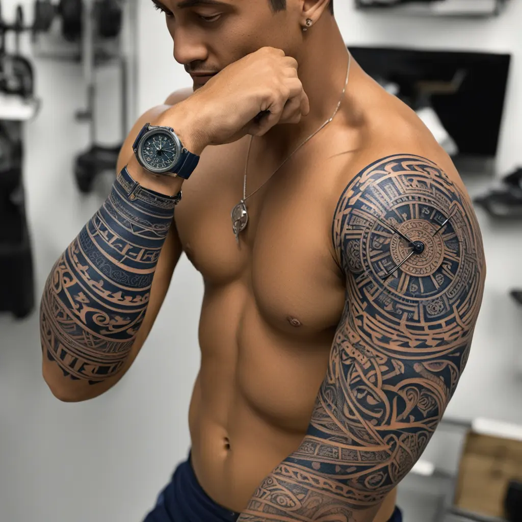 Full arm tattoo with a watch that means the time spend in world by myself