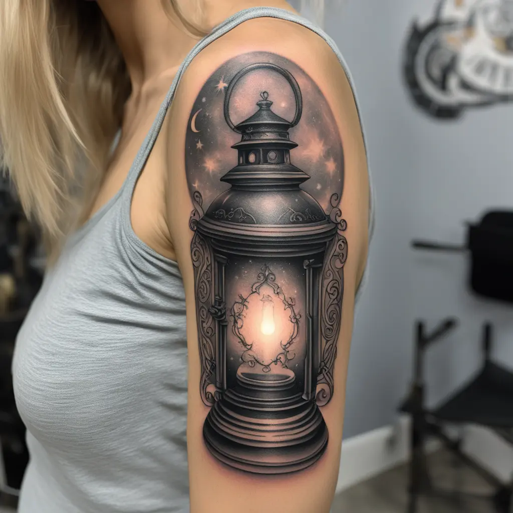 I am the light of the world, daughter of the king. Ornate gothic style oil Lantern with glowing light and outer space in the background on a female shoulder