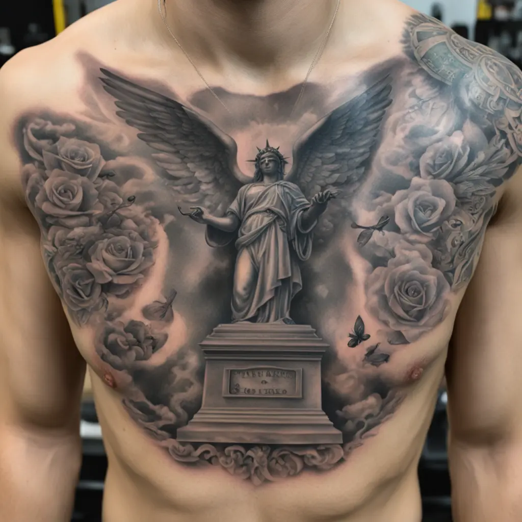 i want a chest tattoo with a statue while the eyes cant be found because itws covered by a 100 dollar bill .
