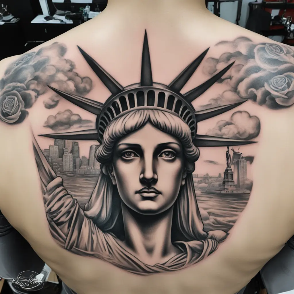 i want a half chest tattoo with the statue of liberty but the eyes will be covered by money and the backround will be with smooth clouds