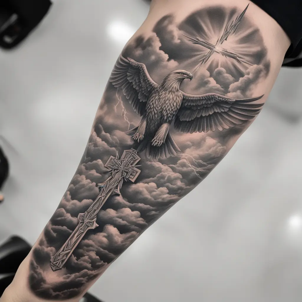 I want a mid size cross and Eagle coming out of it, below that i want small tatto of jesus crusifed on a hill And i want the backround of the whole tatto to be clouds with lightnings