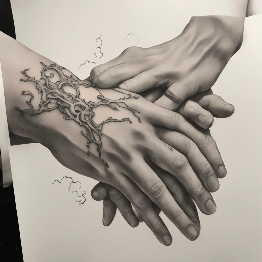I want a tattoo of two hands about to touch, but one hand is deteriorating, breaking apart into large fragments. The design should be realistic and detailed, not simple, and placed on the deltoid area.