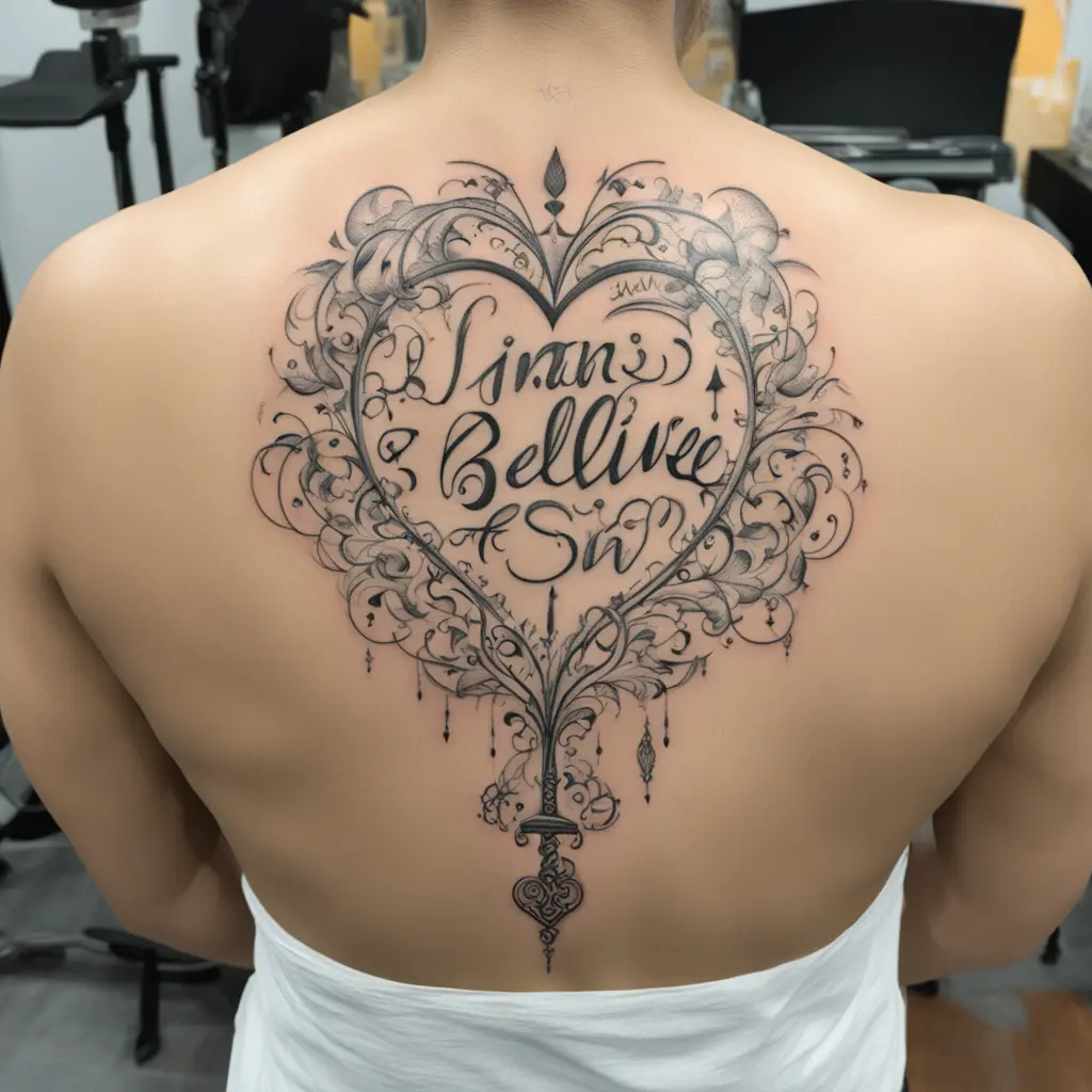 I want to design a spin tattoo with think curviest writing with it saying always believe in ur own strengths in arabic with 2 hearts at each side conjoint with it going down the spin of the back 