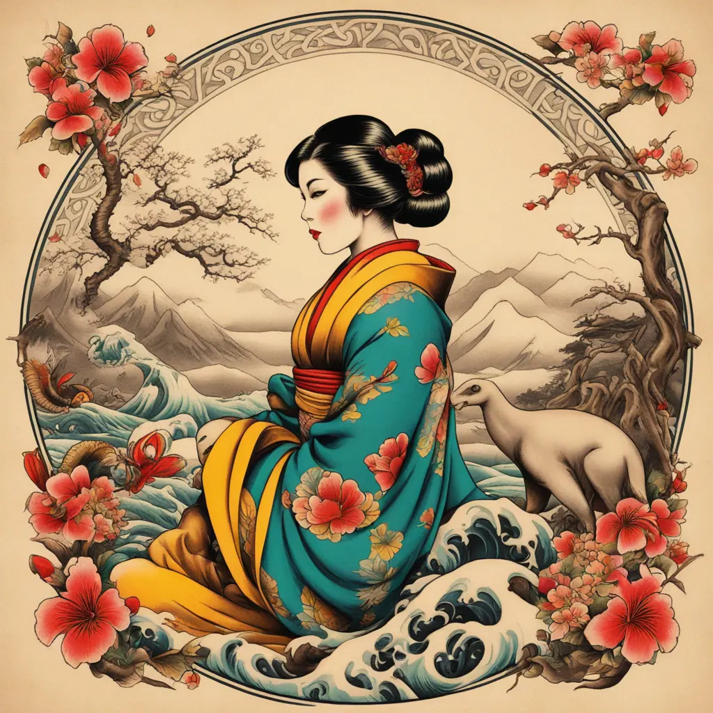 I would like a japanese style tatto with a sexy lady and a Animal together