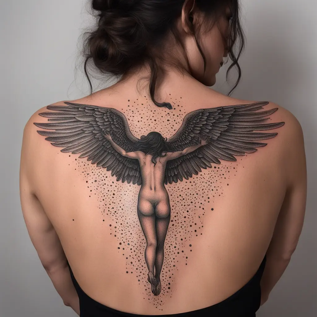 Icarus falling out of the sky , and while burning his ashes falling from his wings drop with letters that form into an inspirational quote 