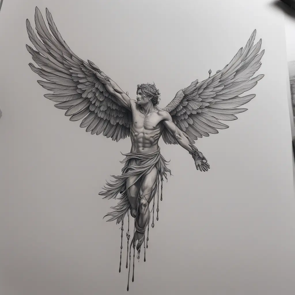 Icarus falling, reaching upwards, with feathers and wax dripping down
