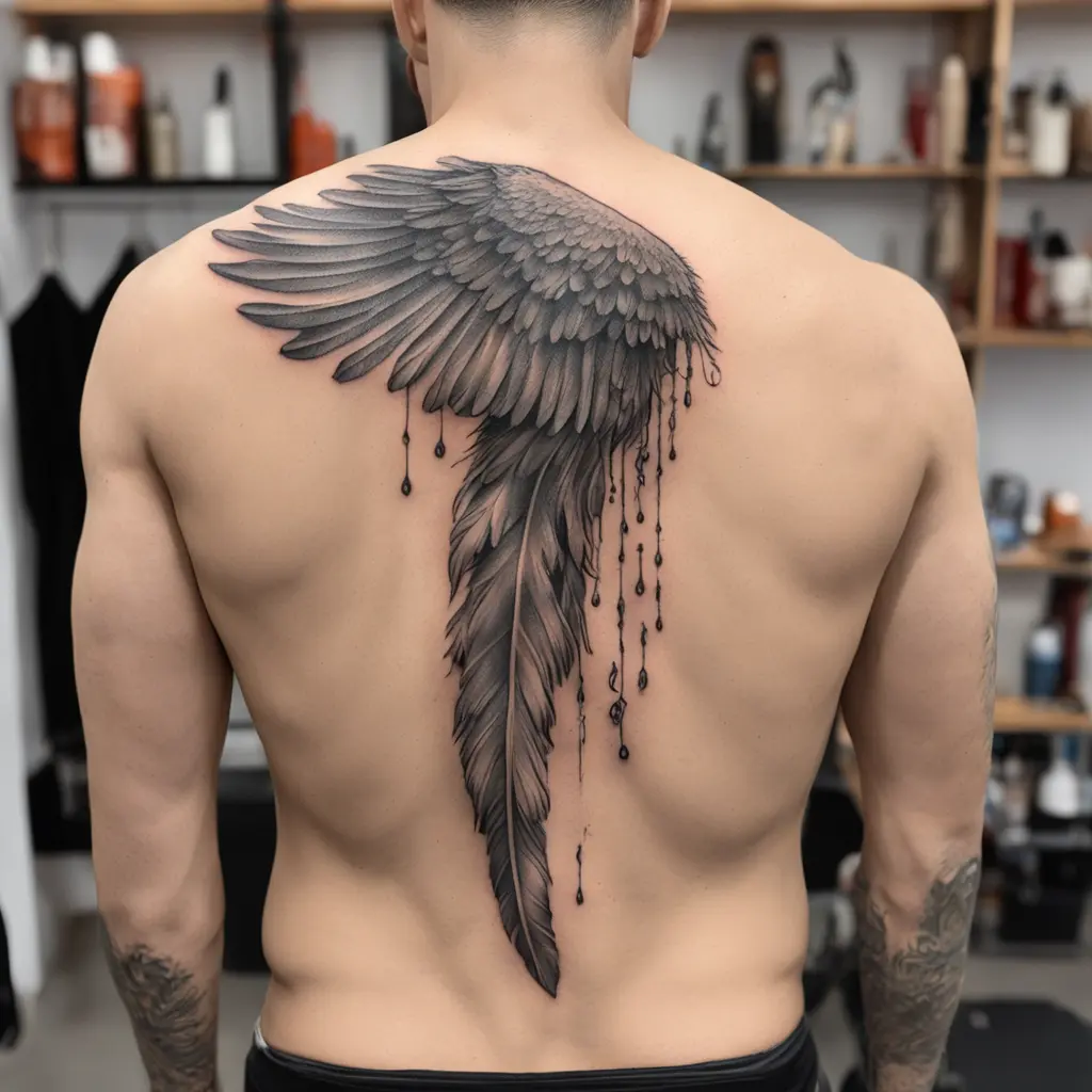 Icarus falling, reaching upwards, with feathers and wax dripping down, make it so you can only see his back, making it evident that he's falling downward
