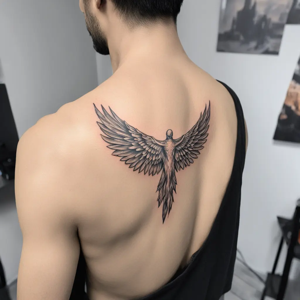 Icarus middle of the back from the neck down tattoo with his wings on fire