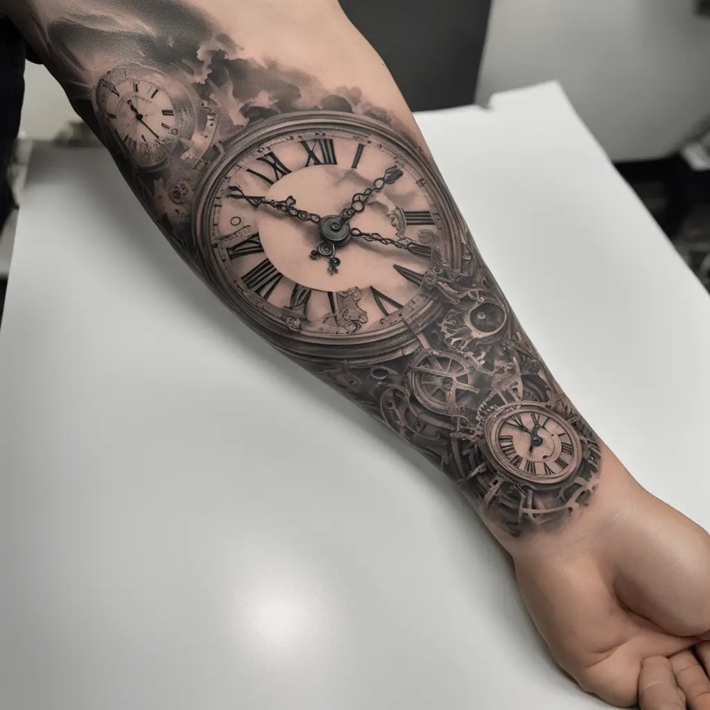 I’d like a tattoo of a detailed clock with Roman numerals XIV, V, and XXII, breaking apart into mostly large fragments with a few small ones. The clock shouldn’t be basic or round, but intricate and realistic.