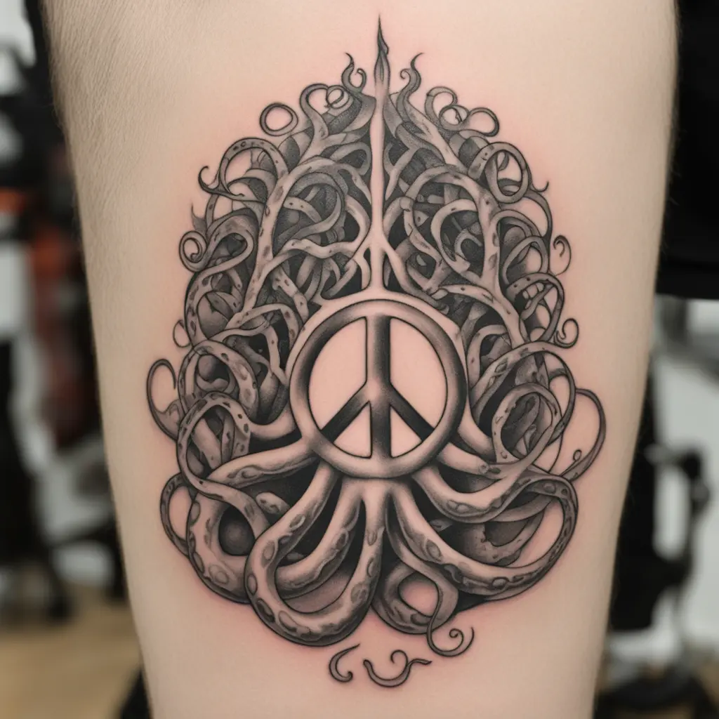 inspired by LP cover art of Oxryc Tentacles in the '90s a black and white tattoo representing the peace symbol