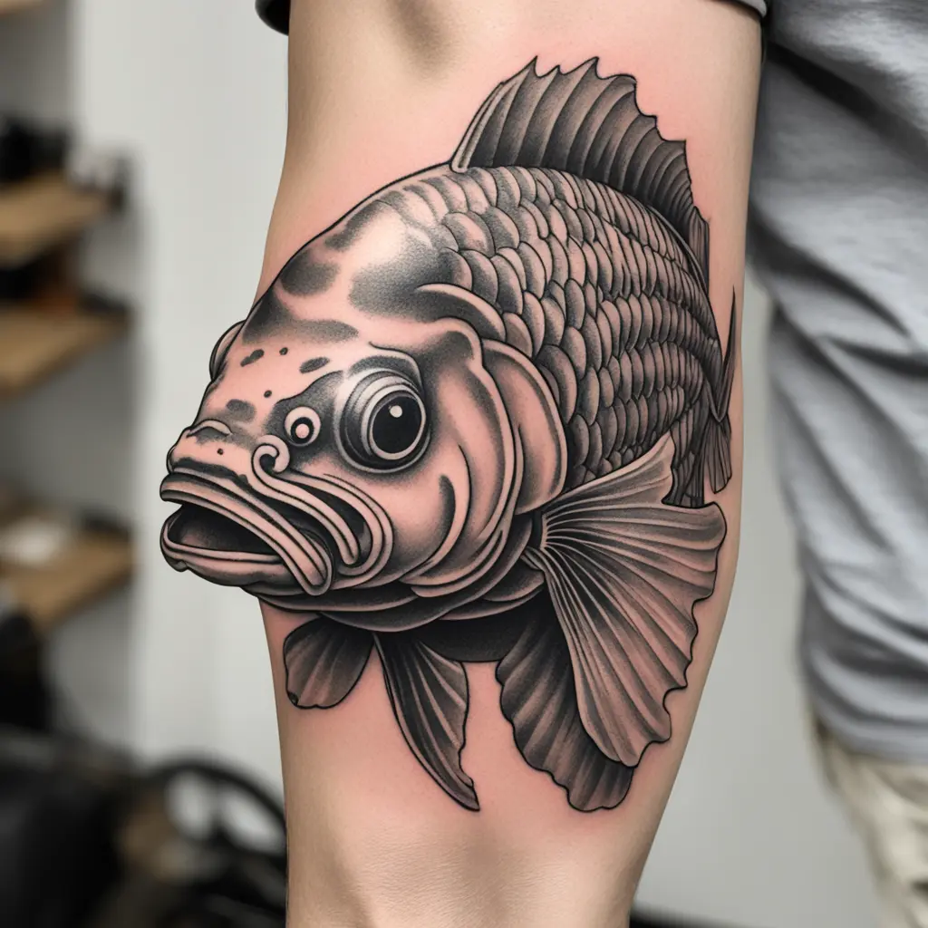 Japanese koi fish in a modern USA soldier military helmet, sof, marines, only a fish no people