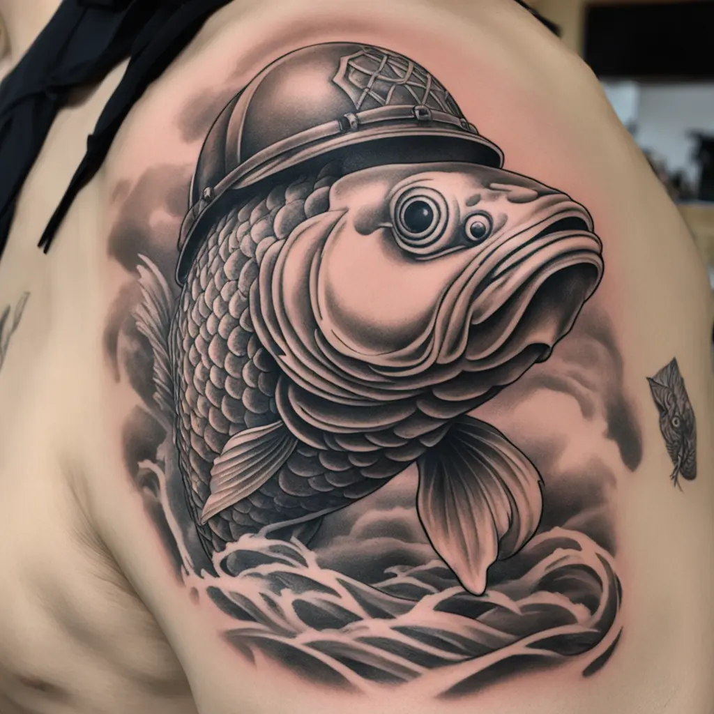Japanese koi fish in USA soldier military helmet, sof, marines, only a fish no people