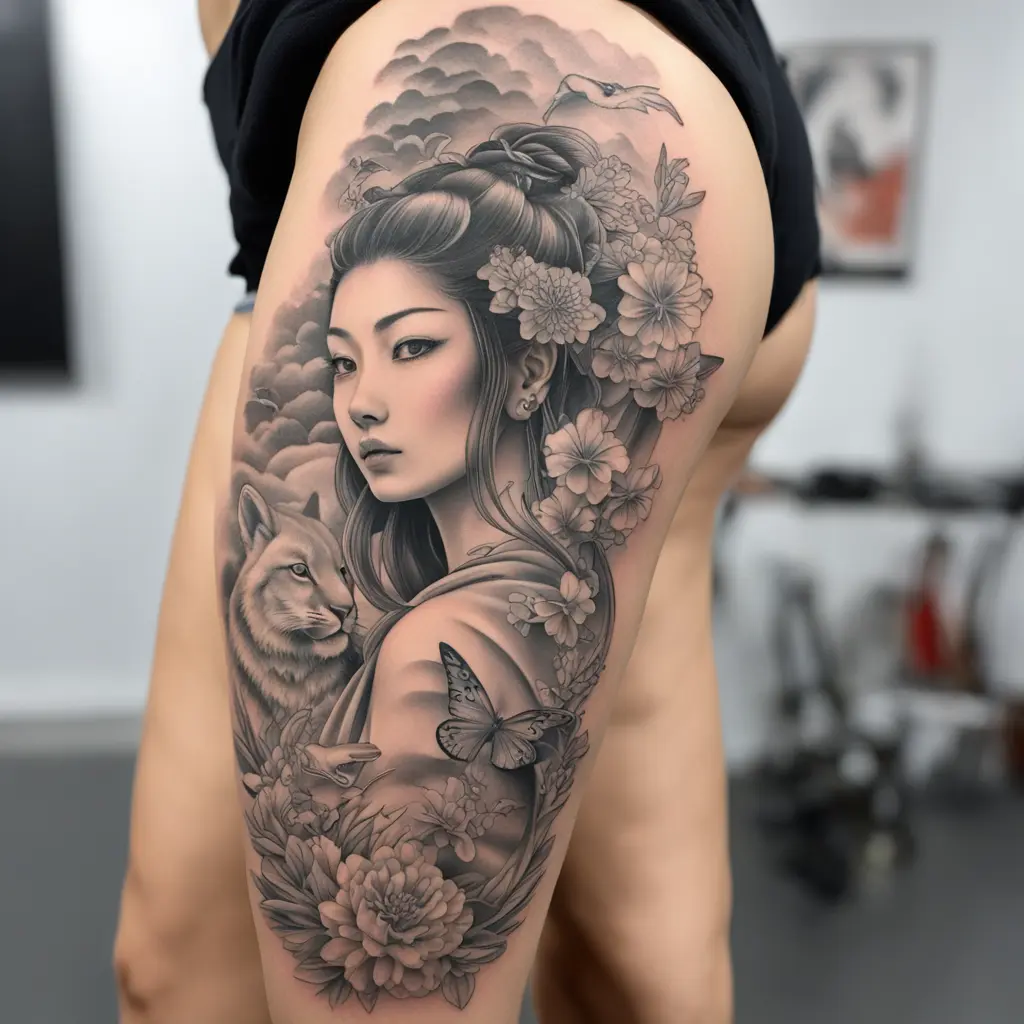 Japanese style tatto, with a sexy lady together with some Animal
