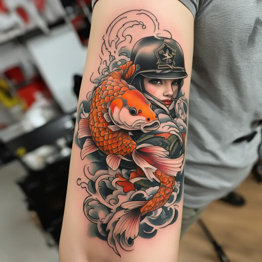 Koi fish but with american army helmet in military style