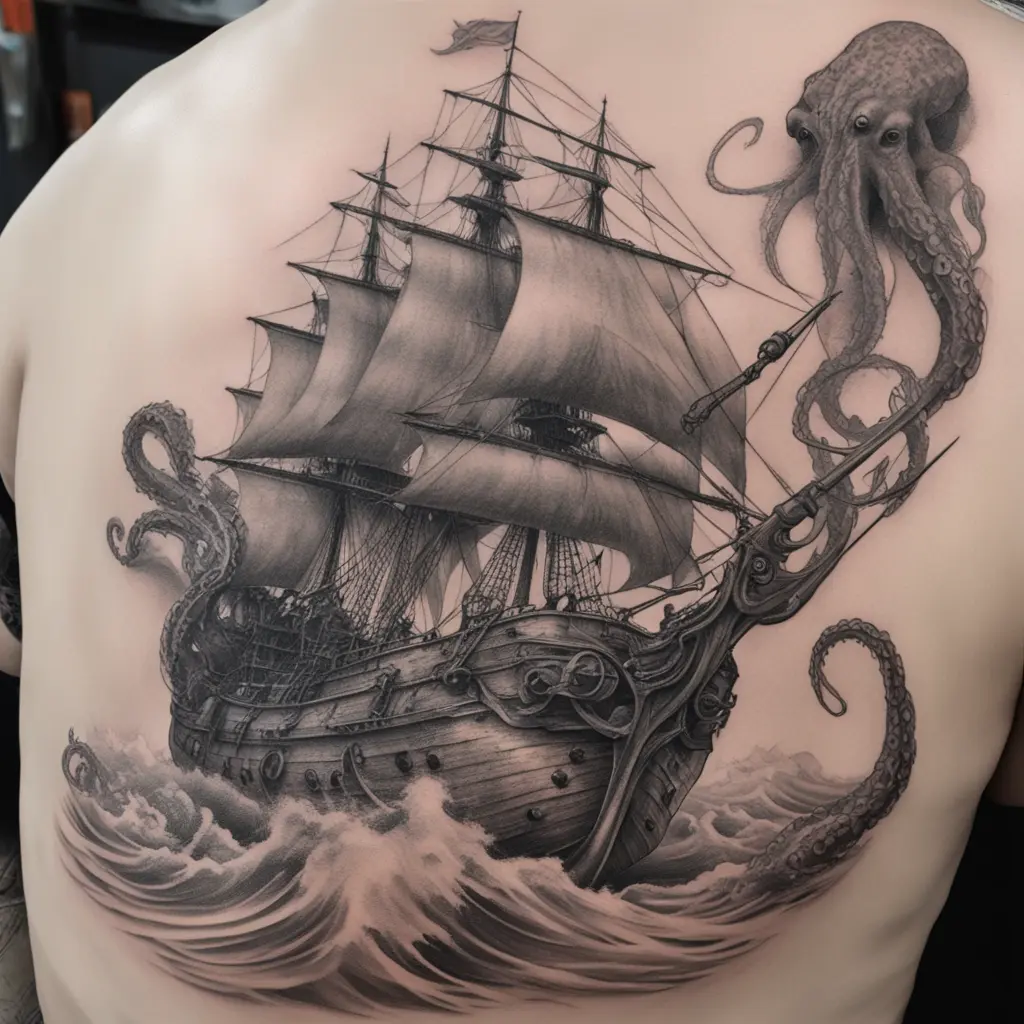 Kraken attacking a ship from underneath with a full body bow

