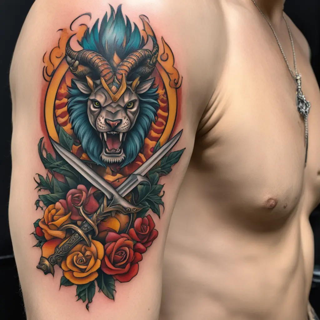 leo sign, scorpio sign and aries signs on the hilt of a dagger
