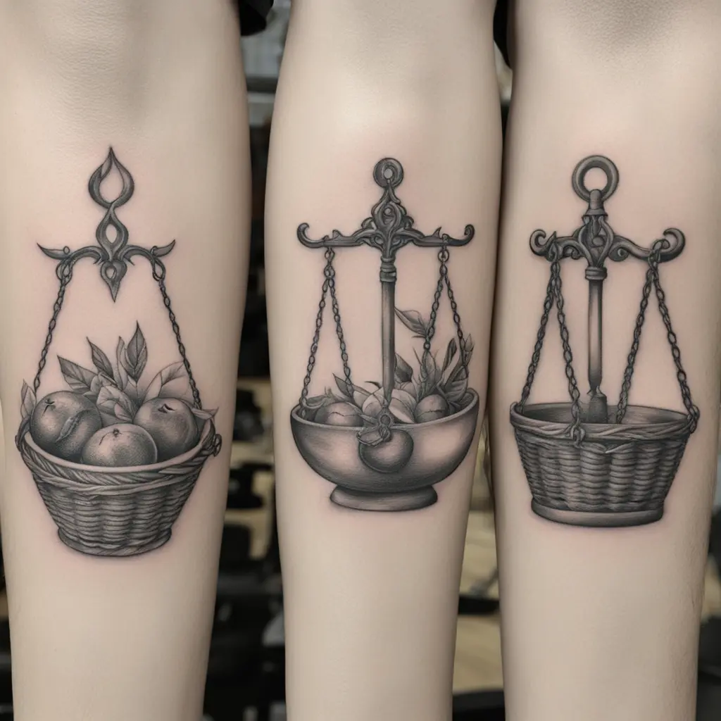 Libra tattoo with two baskets one with anger and one with joy