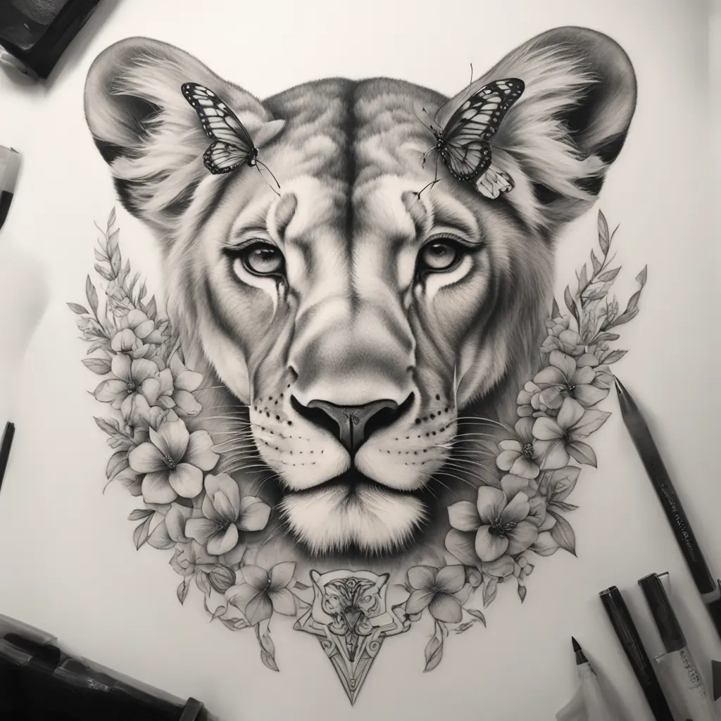 Lioness face with butterfly wings all around it.  Face is in the center
