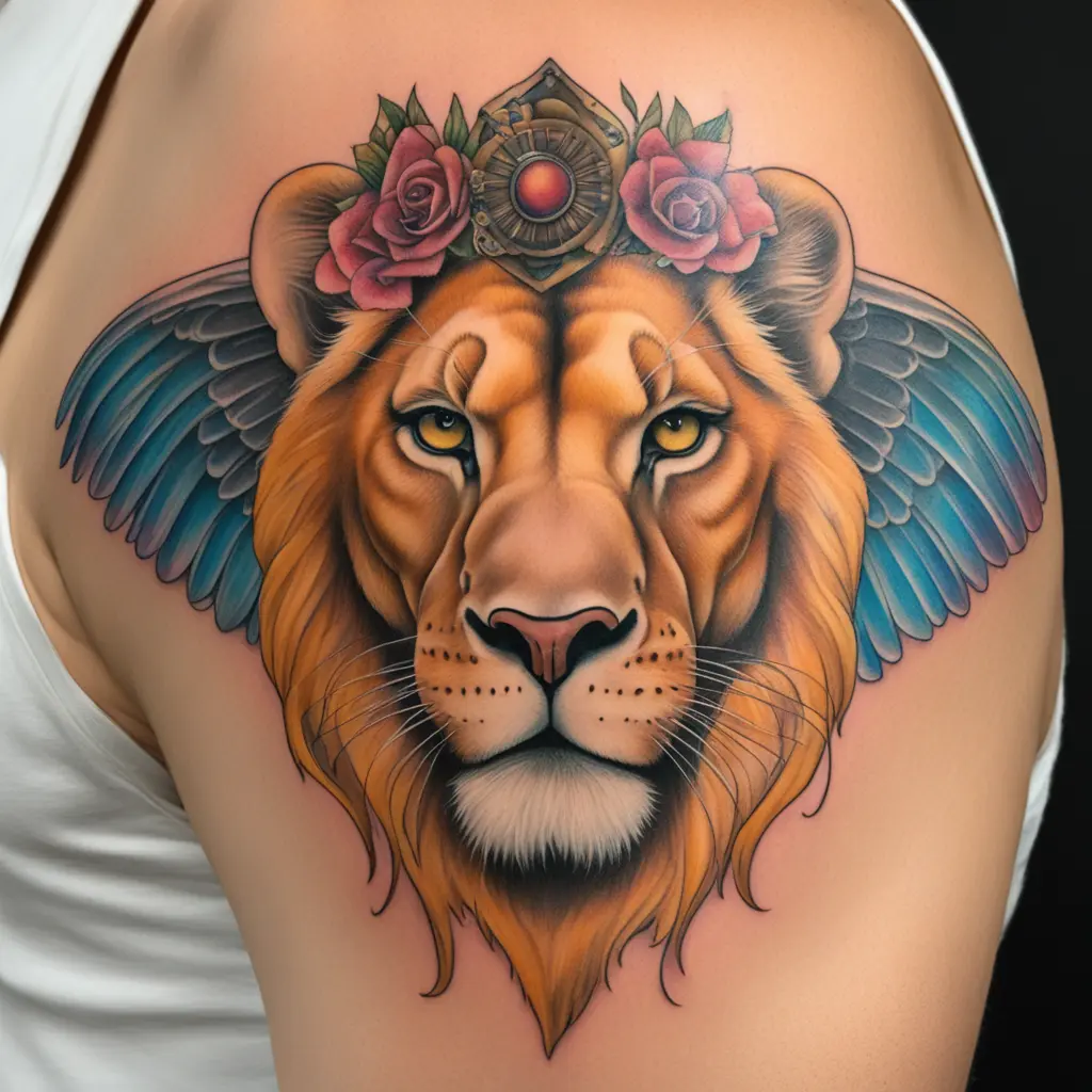 Lioness face within fairy wings, the wings are to be long with the letters B and S