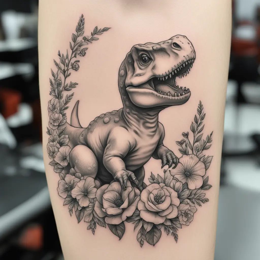 Little baby t-rex with flowers