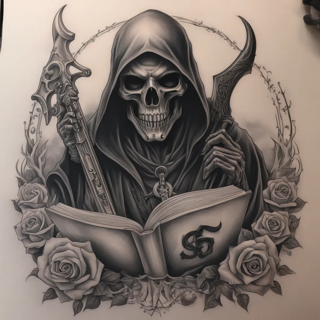 Make a grim reaper figure having a taurus head and the taurus only has one 1 eye in the Middle and over the eyes the numbers 666 and the taurus is holding a book and an ak47