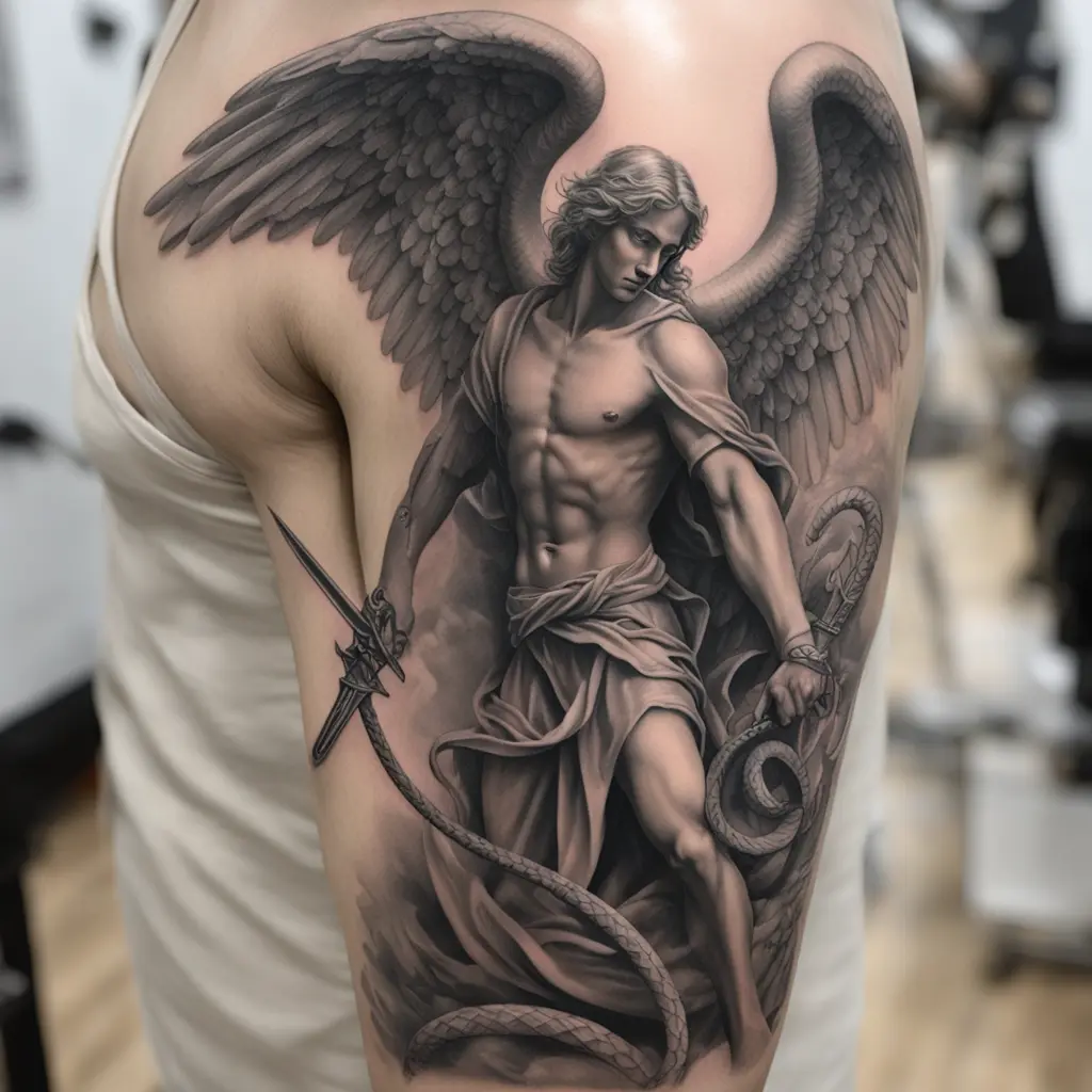 Make a medium sized tattoo of Arch Angel Gabriel killing a serpent with a knife or sharp blade