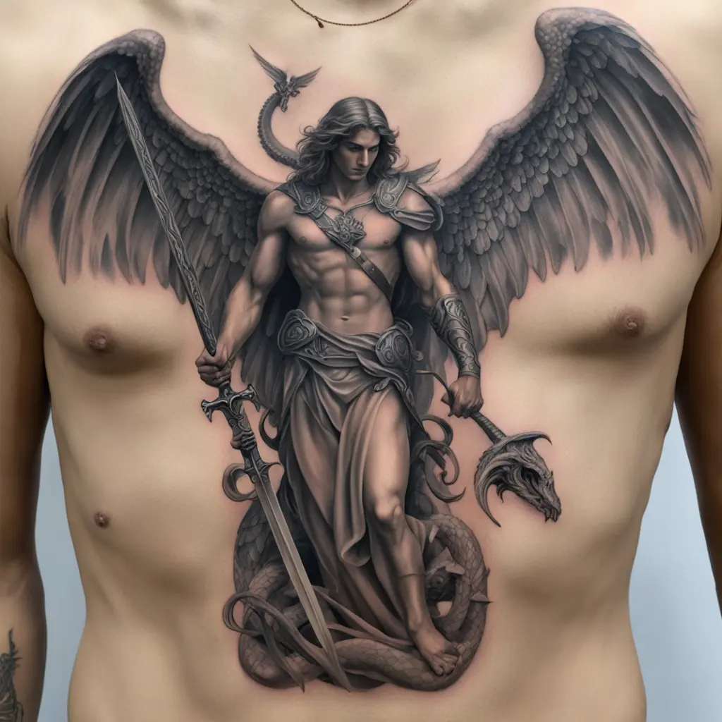 Make a medium sized tattoo of the mid section of Arch Angel Gabriel with smaller wings holding a sword and killing a fully detailed serpent with a dragon resemblance 