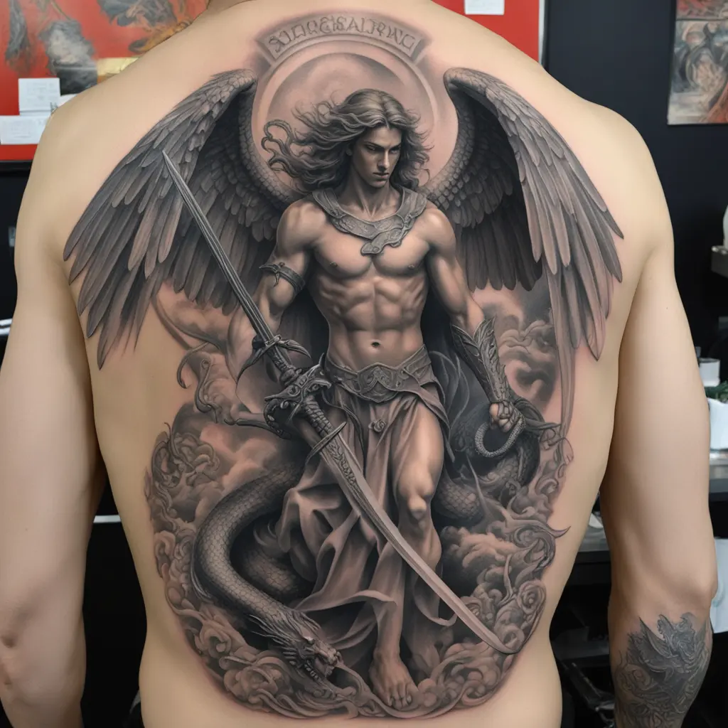 Make a medium sized tattoo of the mid section of Arch Angel Gabriel with smaller wings holding a sword and killing a fully detailed serpent with a dragon resemblance