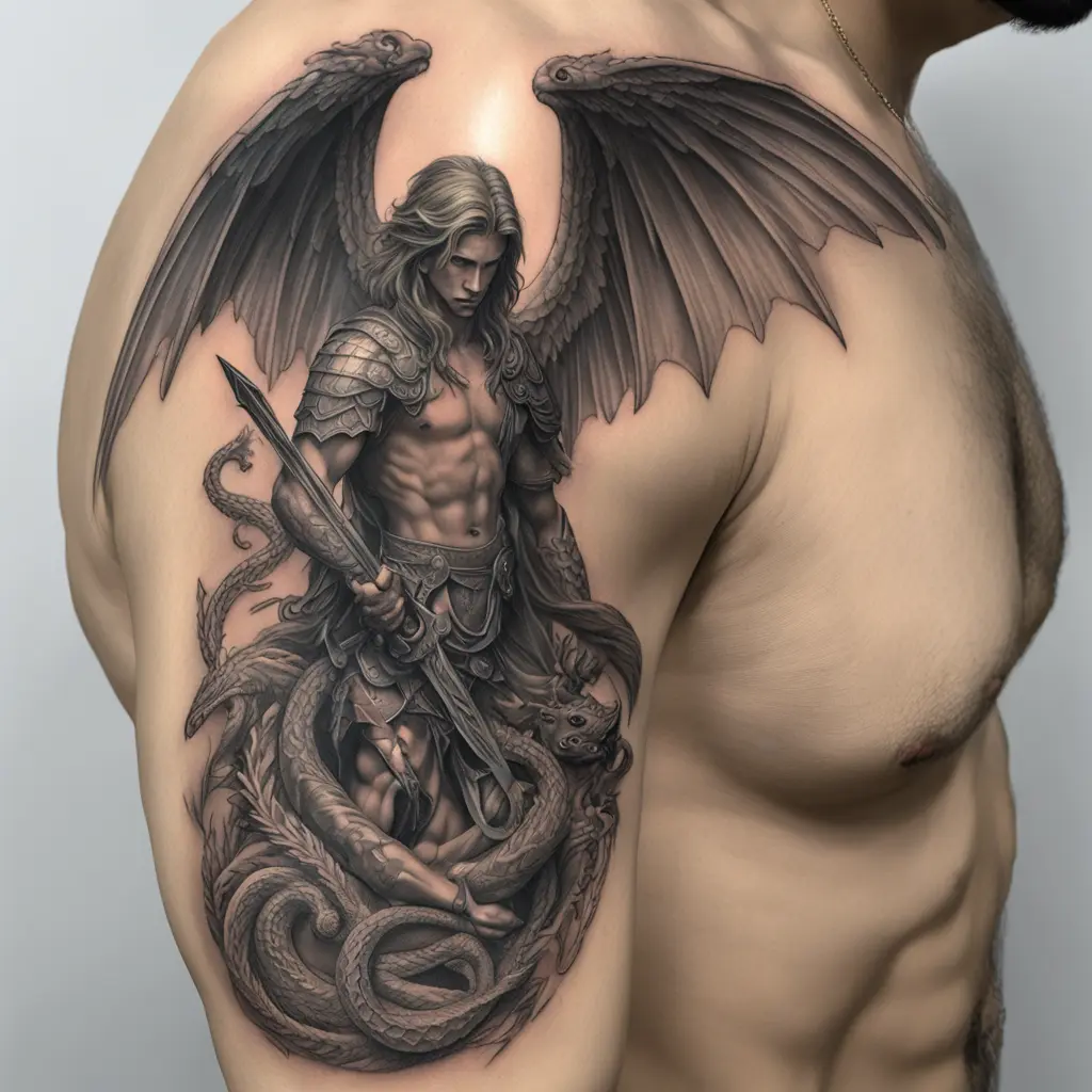 Make a tattoo of half of Arch Angel Gabriel’s body With Smaller Wings Holding A Sword And Killing A Fully Detailed Serpent With A Dragon Resemblance. The tattoo should fit on the inner bicep