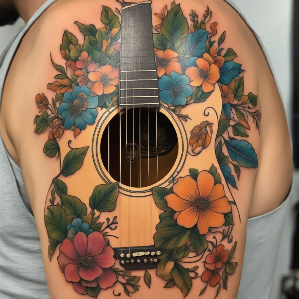 Martin acoustic guitar surrounded by flowers and leaves with room for a quote or text