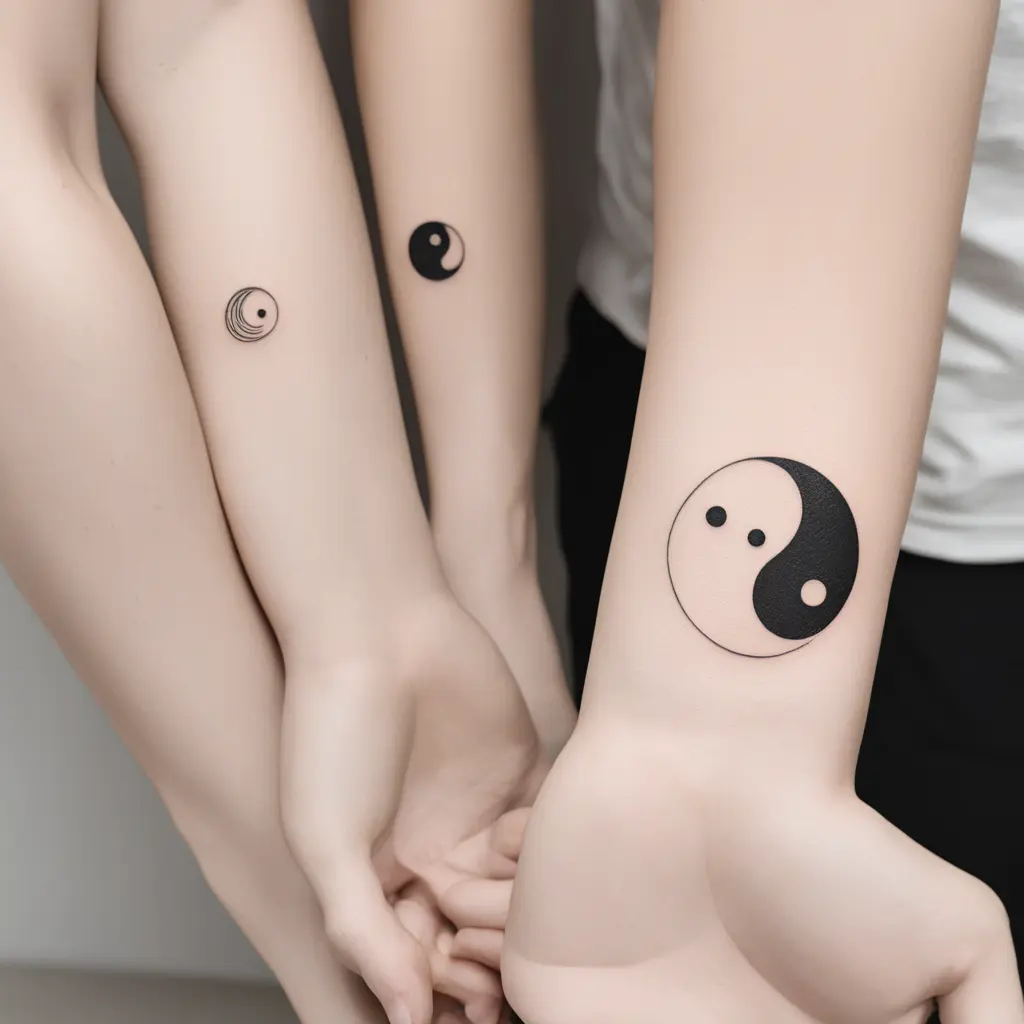 Minimalist Yin Yang tattoo for two people, divided by a straight line. Clean geometric lines and curves, subtle color accents like cosmic dust, simple, modern, balanced, spiritual, and elegant.