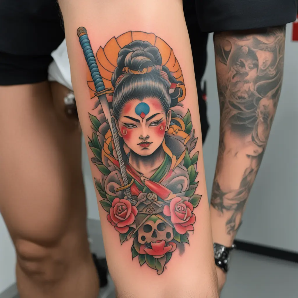 namakubi traditional tattoo with a female head and a short katana
