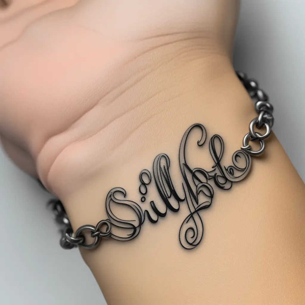 Name bracelet with the Name Sillybird in cursive letters tattoo