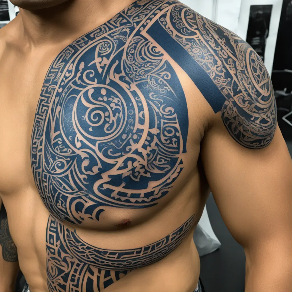 neo tribal tatoo, gothic, cyber sigillism that says kiing on it