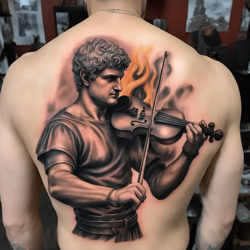 nero playing fiddle while rome burned. nero with a smile in his face in the front. rome burning in the back. the fire in colors